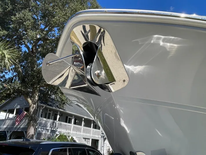  Yacht Photos Pics 2024 Sea Fox 288 Commander boat anchor detail with reflective metal finish.