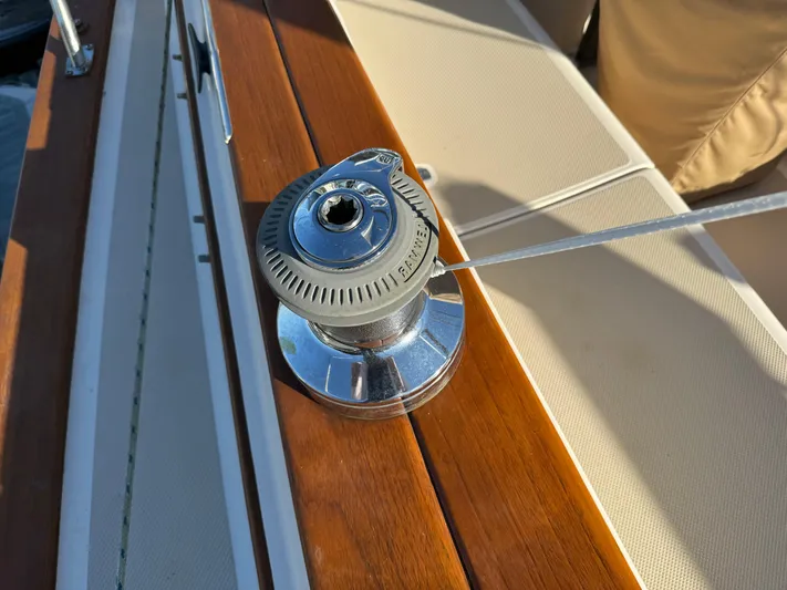 Essence Yacht Photos Pics Close-up of a winch on a 1998 Island Packet 40 sailboat deck.