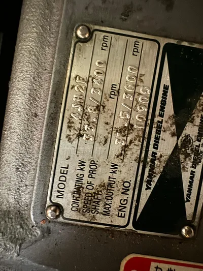 Essence Yacht Photos Pics Yanmar diesel engine label on 1998 Island Packet 40 sailboat.