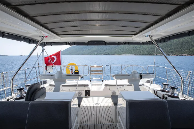  Yacht Photos Pics Luxurious 2020 Jeanneau 64 yacht deck with dual steering wheels and scenic ocean view.