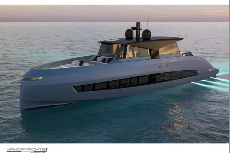  Yacht Photos Pics Luxury 2025 MandaYachts S7 Berlinetta cruising on serene ocean waters at sunset.