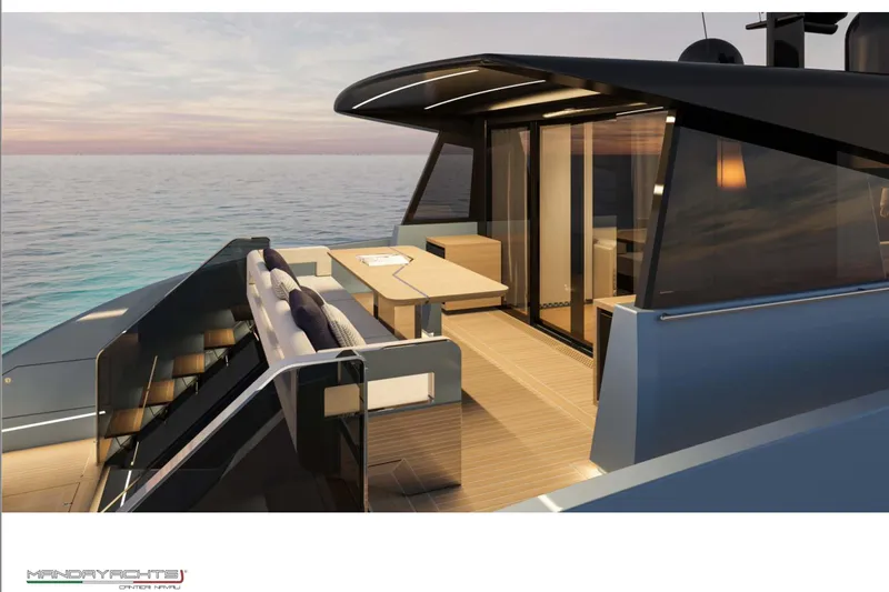  Yacht Photos Pics Luxurious 2025 MandaYachts S7 BERLINETTA deck with modern seating and ocean view.