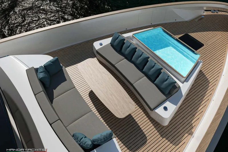  Yacht Photos Pics Luxurious 2025 MandaYachts S7 BERLINETTA deck with elegant seating and pool.