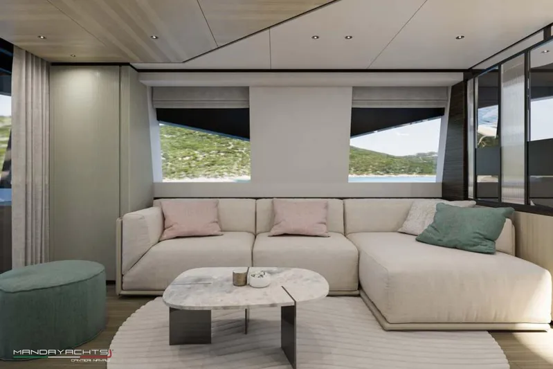  Yacht Photos Pics Luxurious interior of 2025 MandaYachts S7 BERLINETTA with modern seating and scenic views.