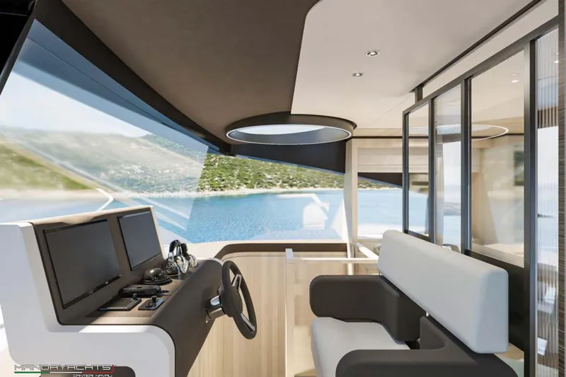  Yacht Photos Pics Luxurious interior of 2025 MandaYachts S7 BERLINETTA with modern helm and panoramic windows.