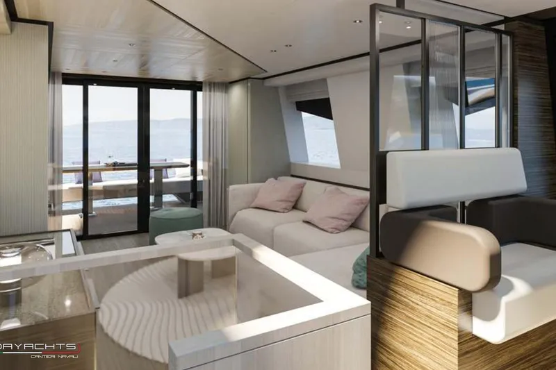  Yacht Photos Pics Luxurious interior of 2025 MandaYachts S7 BERLINETTA with modern design and ocean view.