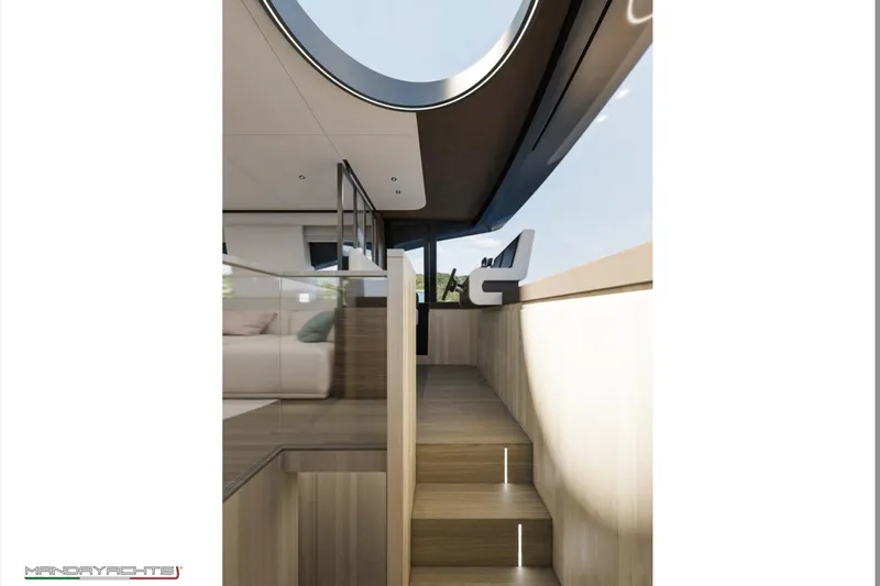  Yacht Photos Pics Modern interior of 2025 MandaYachts S7 BERLINETTA with sleek wooden stairs and large window.