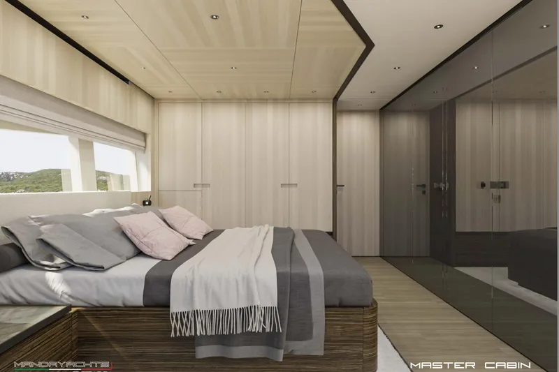  Yacht Photos Pics Luxurious master cabin in 2025 MandaYachts S7 BERLINETTA, featuring modern design and elegant decor.
