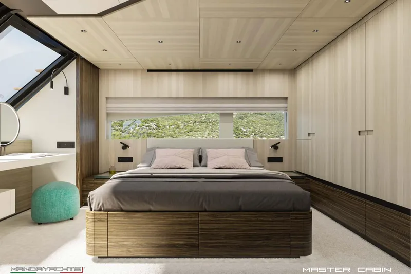  Yacht Photos Pics Luxurious master cabin in 2025 MandaYachts S7 BERLINETTA, featuring modern design and elegant furnishings.