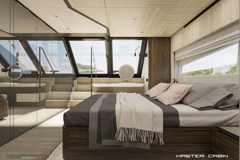  Yacht Photos Pics Luxurious master cabin in 2025 MandaYachts S7 BERLINETTA, featuring modern design and panoramic windows.