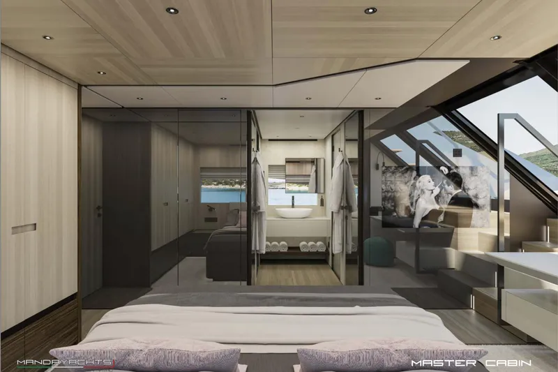  Yacht Photos Pics Luxurious master cabin in 2025 MandaYachts S7 BERLINETTA, featuring modern design and scenic views.