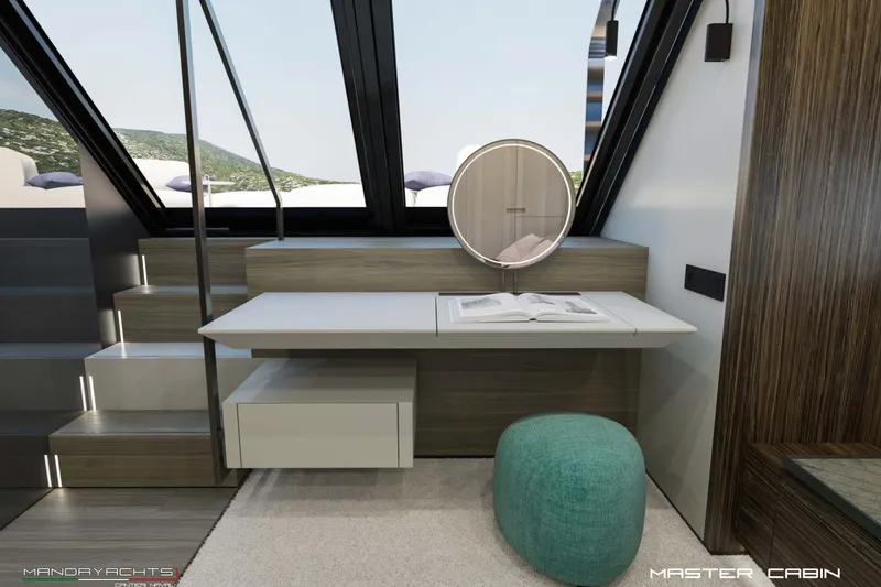  Yacht Photos Pics Master cabin of 2025 MandaYachts S7 BERLINETTA with modern desk and mirror.
