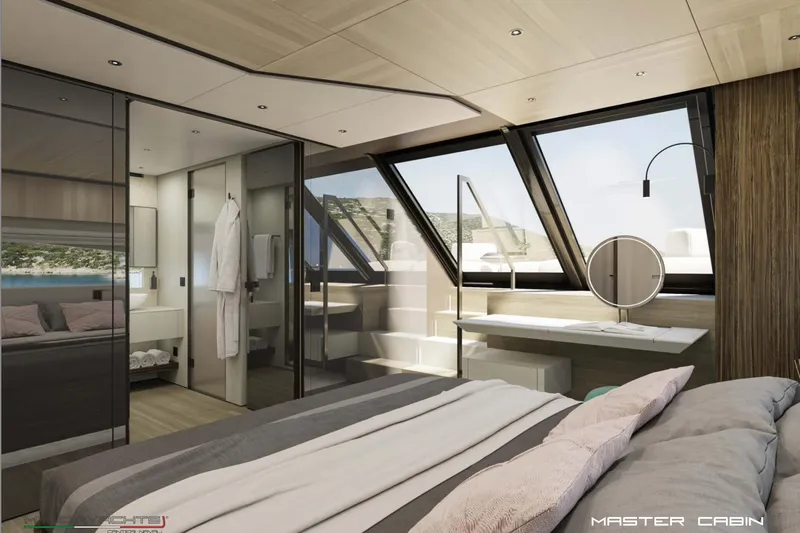  Yacht Photos Pics Luxurious master cabin in 2025 MandaYachts S7 BERLINETTA, featuring modern design and panoramic windows.