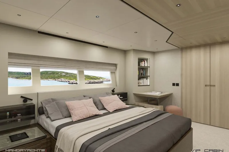  Yacht Photos Pics Luxurious VIP cabin interior of 2025 MandaYachts S7 Berlinetta with scenic ocean view.