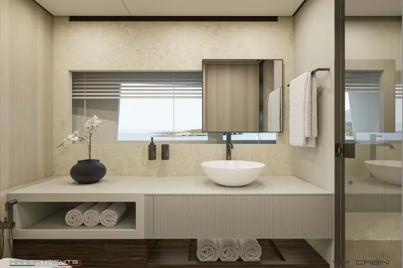  Yacht Photos Pics Modern bathroom interior on MandaYachts S7 BERLINETTA 2025, featuring sleek design and ocean view.