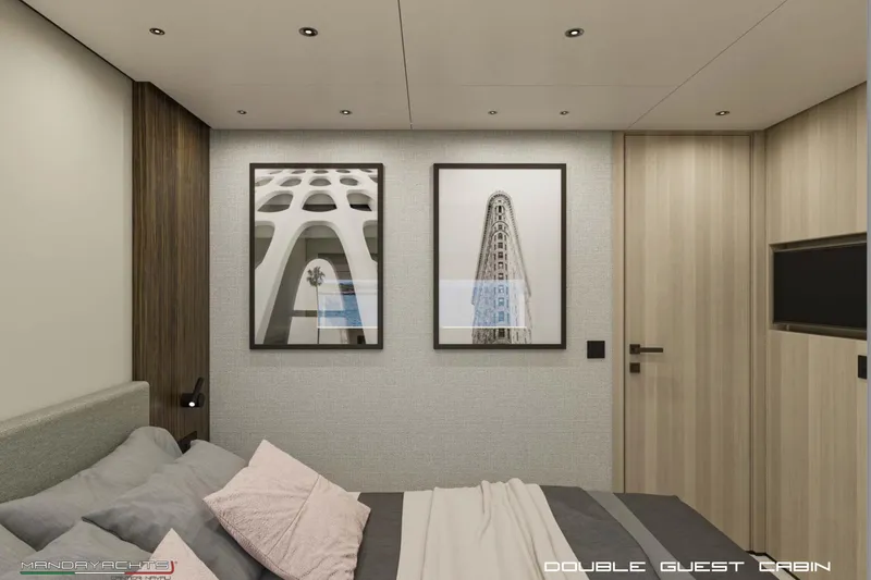  Yacht Photos Pics Double guest cabin in 2025 MandaYachts S7 BERLINETTA, featuring modern decor and framed art.