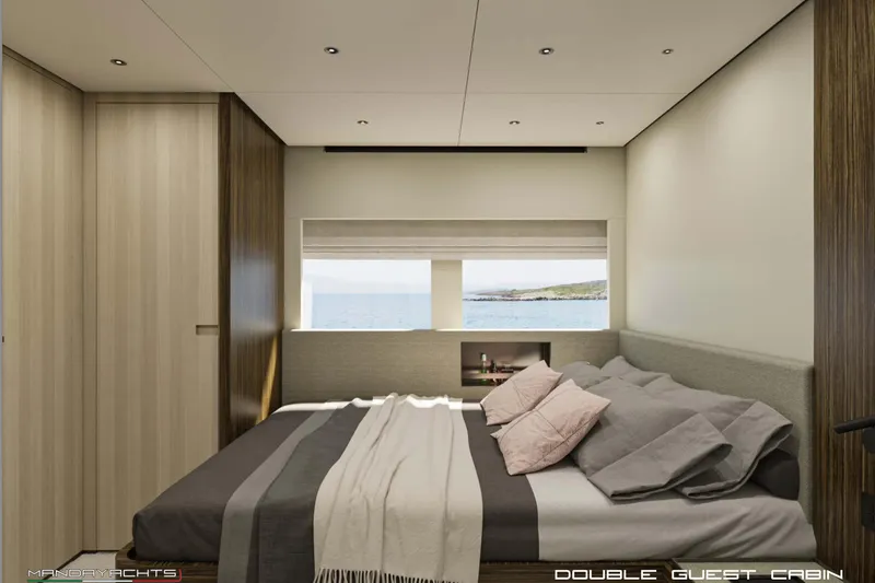  Yacht Photos Pics Luxurious double guest cabin on 2025 MandaYachts S7 BERLINETTA with ocean view.