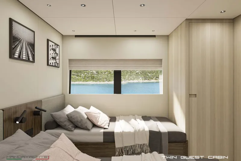  Yacht Photos Pics Luxurious twin guest cabin on 2025 MandaYachts S7 BERLINETTA, featuring modern decor and scenic window view.
