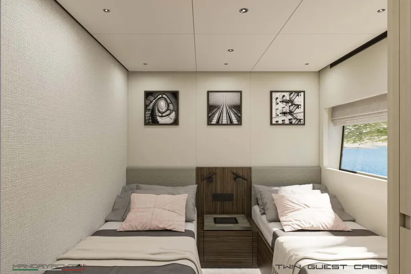  Yacht Photos Pics Twin guest cabin in 2025 MandaYachts S7 BERLINETTA, featuring modern decor and ocean view.