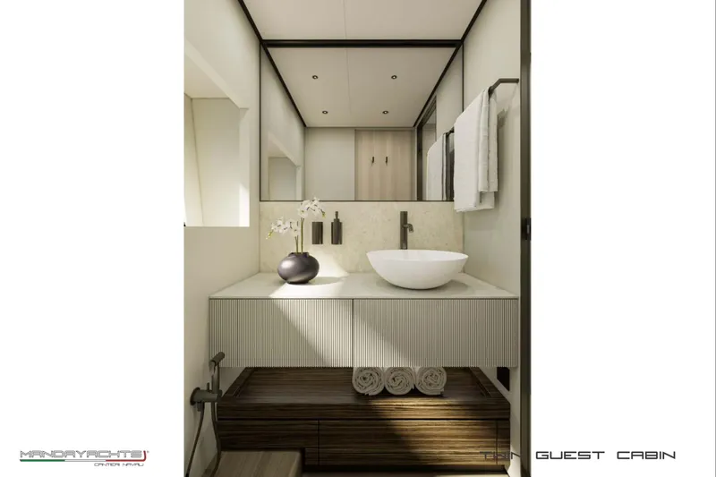  Yacht Photos Pics Luxurious bathroom in 2025 MandaYachts S7 BERLINETTA guest cabin, featuring modern sink and decor.