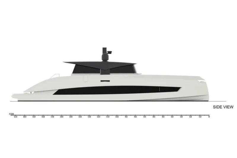  Yacht Photos Pics Side view of 2025 MandaYachts S7 BERLINETTA, showcasing sleek, modern yacht design.