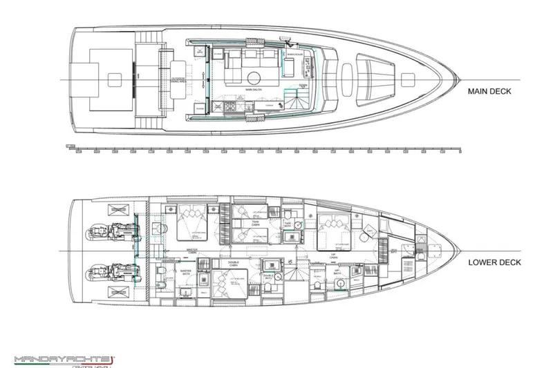  Yacht Photos Pics Floor plan of MandaYachts S7 BERLINETTA 2025, showcasing main and lower deck layouts.