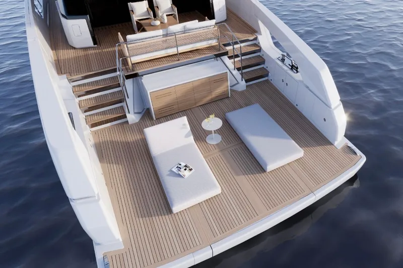  Yacht Photos Pics Luxurious 2026 Sanlorenzo SX76 yacht deck with sun loungers and elegant seating area.