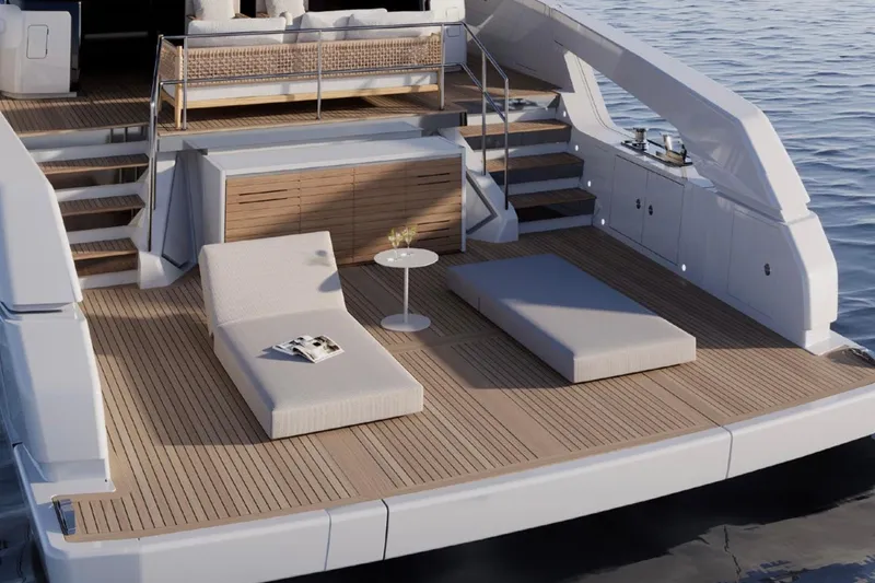  Yacht Photos Pics Luxurious 2026 Sanlorenzo SX76 yacht deck with sun loungers and ocean view.