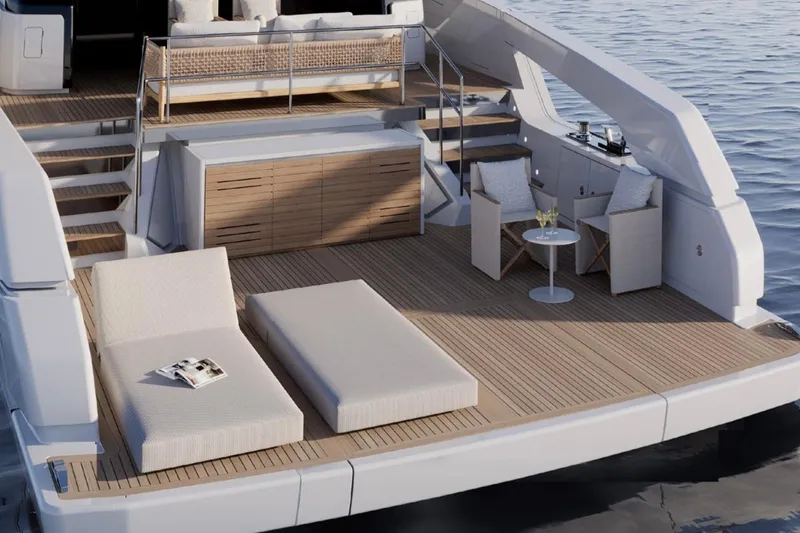  Yacht Photos Pics Luxurious 2026 Sanlorenzo SX76 yacht deck with elegant seating and sun loungers.