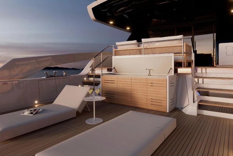  Yacht Photos Pics Luxurious 2026 Sanlorenzo SX76 yacht deck with modern lounge and sunset view.