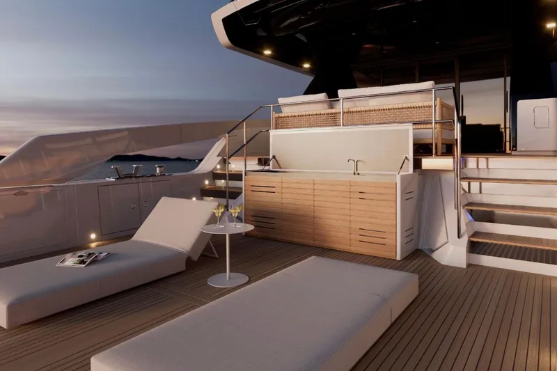  Yacht Photos Pics Luxurious 2026 Sanlorenzo SX76 yacht deck with lounge chairs and sunset view.