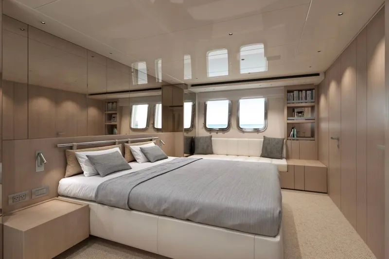  Yacht Photos Pics Luxurious Sanlorenzo SX76 2026 yacht bedroom with modern design and elegant furnishings.