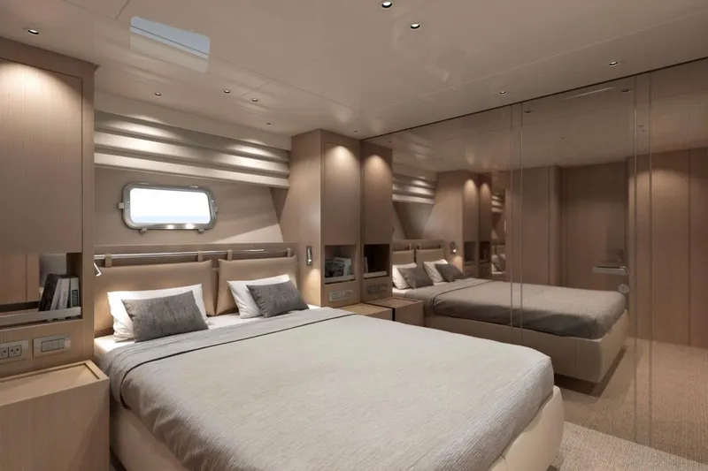  Yacht Photos Pics Luxurious 2026 Sanlorenzo SX76 yacht bedroom with modern design and elegant furnishings.