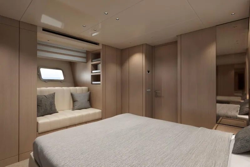  Yacht Photos Pics Luxurious interior of 2026 Sanlorenzo SX76 yacht with modern design and cozy seating area.