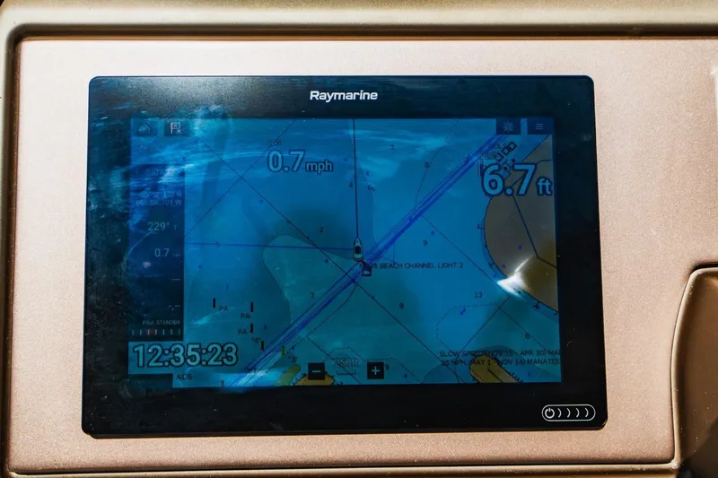  Yacht Photos Pics Raymarine navigation display on 2018 Prestige 500S yacht, showing speed and depth.
