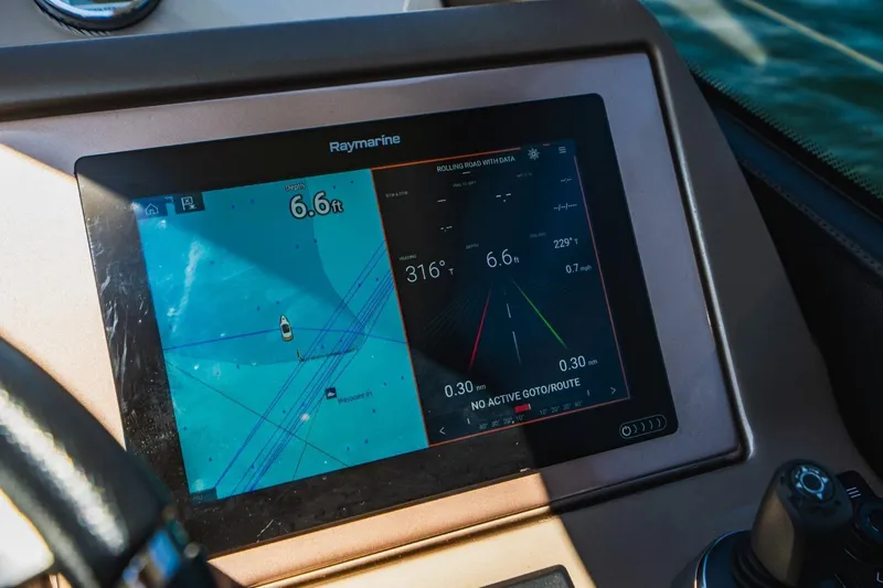  Yacht Photos Pics Raymarine navigation display on 2018 Prestige 500S yacht, showing depth and route data.