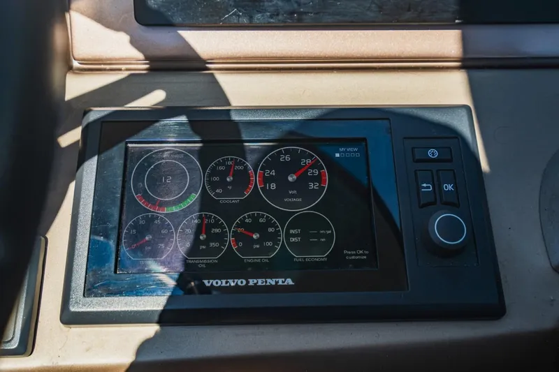  Yacht Photos Pics Volvo Penta dashboard display on 2018 Prestige 500S, showing engine metrics and controls.