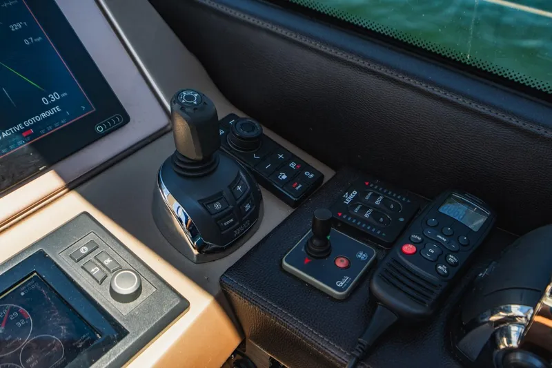  Yacht Photos Pics Control panel of a 2018 Prestige 500S yacht with navigation and communication devices.