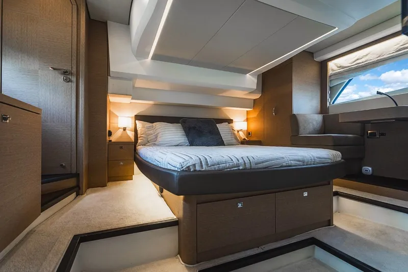  Yacht Photos Pics Luxurious interior of 2018 Prestige 500S yacht with modern bedroom design.