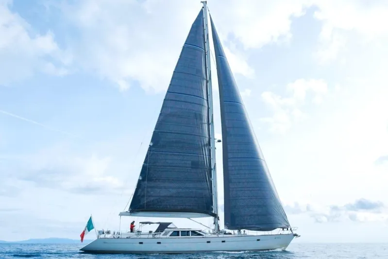  Yacht Photos Pics Sailing yacht Baltic 73 Pilothouse 1999 with dark sails on open sea.