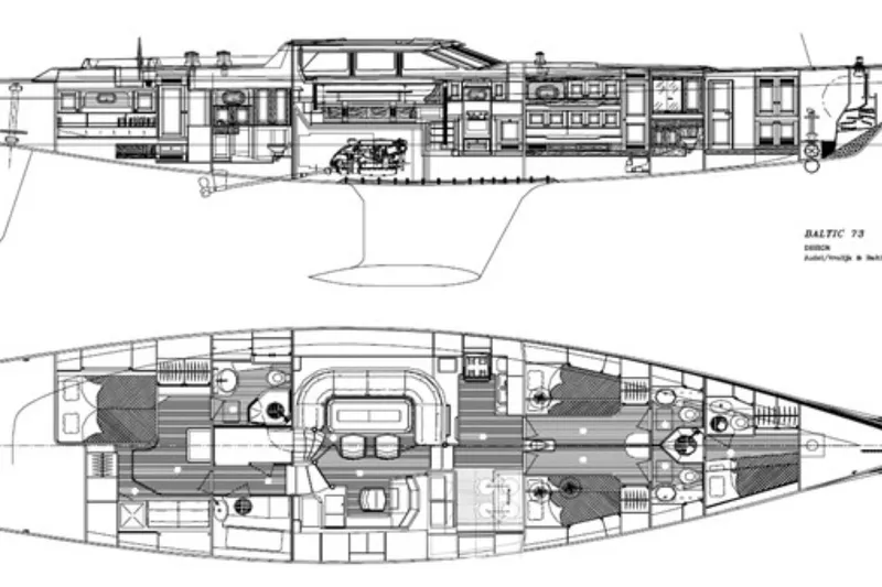  Yacht Photos Pics Blueprint of 1999 Baltic 73 Pilothouse yacht, showcasing detailed interior and exterior design.
