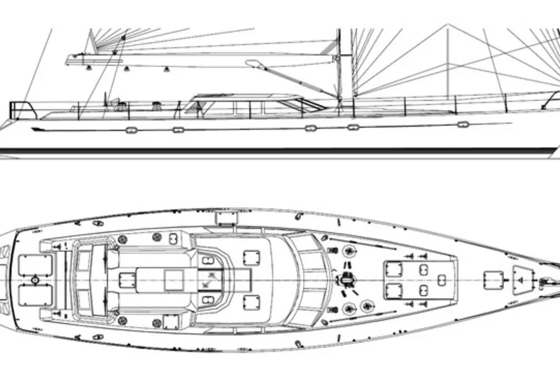  Yacht Photos Pics Line drawing of a 1999 Baltic 73 Pilothouse yacht, side and top views.