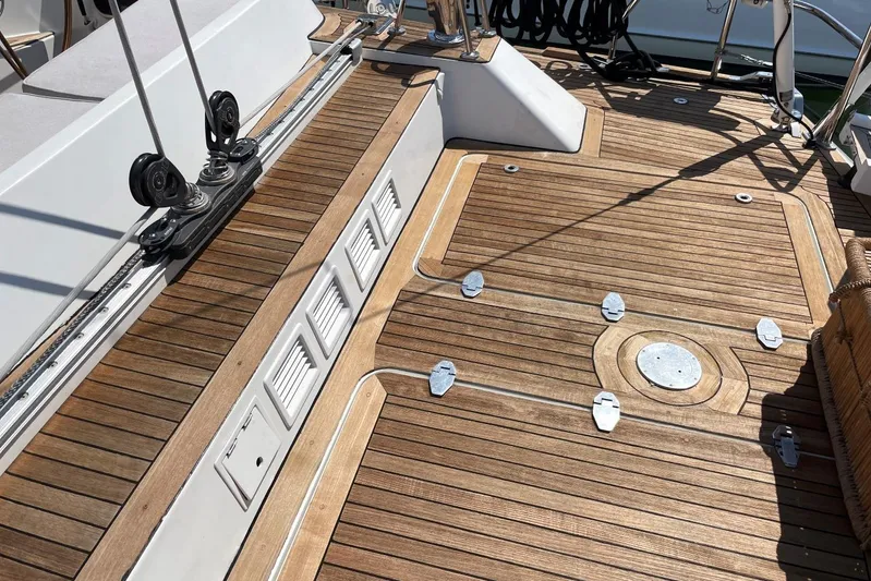  Yacht Photos Pics Teak deck of 1999 Baltic 73 Pilothouse yacht with sleek fittings and fixtures.