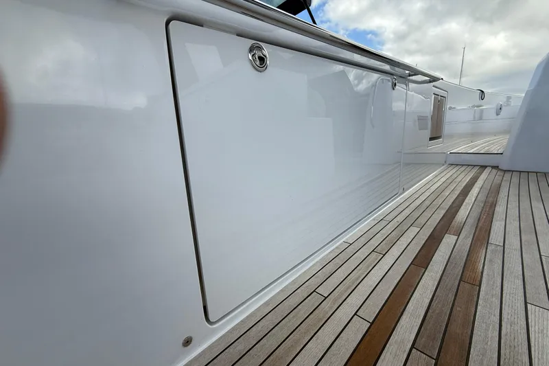 George Yacht Photos Pics 2024 Pardo Yachts 43 deck with sleek white finish and wooden flooring.