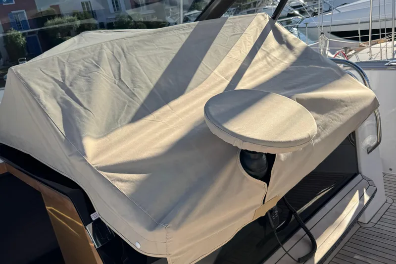 George Yacht Photos Pics 2024 Pardo Yachts 43 with protective cover on deck, docked at marina.