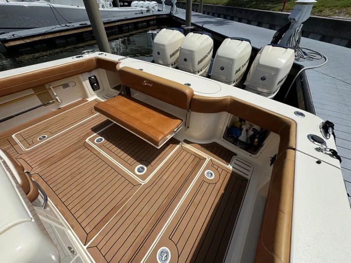  Yacht Photos Pics 2018 Scout 420 LXF boat with teak deck and four outboard engines.
