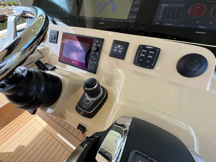  Yacht Photos Pics Helm of 2018 Scout 420 LXF with advanced navigation controls and displays.