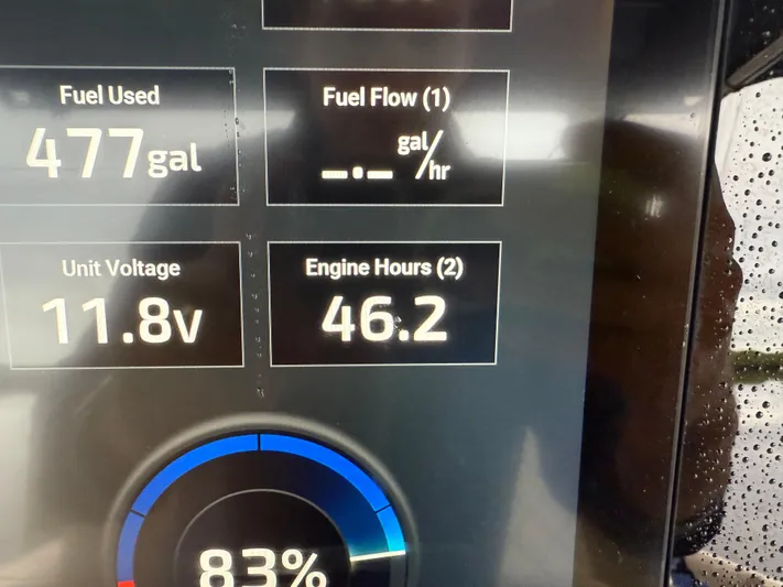  Yacht Photos Pics Dashboard display of 2024 Chris-Craft Catalina 30 showing fuel usage and engine hours.