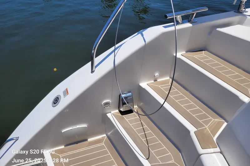 Making Connections II Yacht Photos Pics Steps on a 2022 Leopard 45 yacht, featuring sleek design and stainless steel railings.