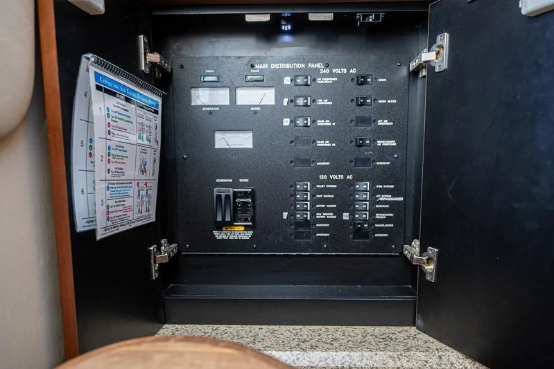 Nauti Lis Yacht Photos Pics Electrical panel inside 2005 Sea Ray 500 Sundancer yacht, showcasing circuit breakers and controls.